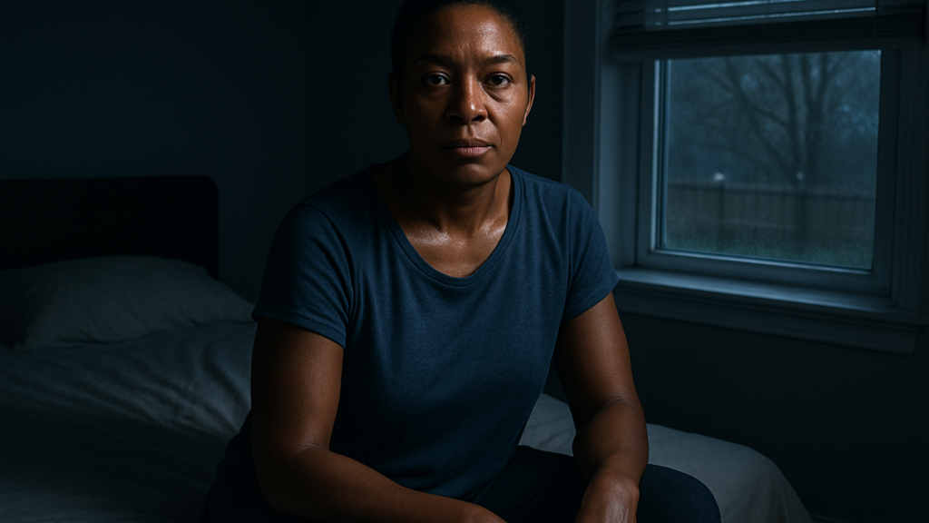 A woman in her forties sits on the edge of her bed before dawn, breathing calmly and looking at the camera. (AI-generated image)