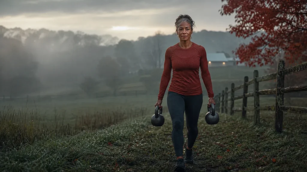 A woman in her fifties carries two kettlebells along a farm fence at dawn. (AI-generated image)