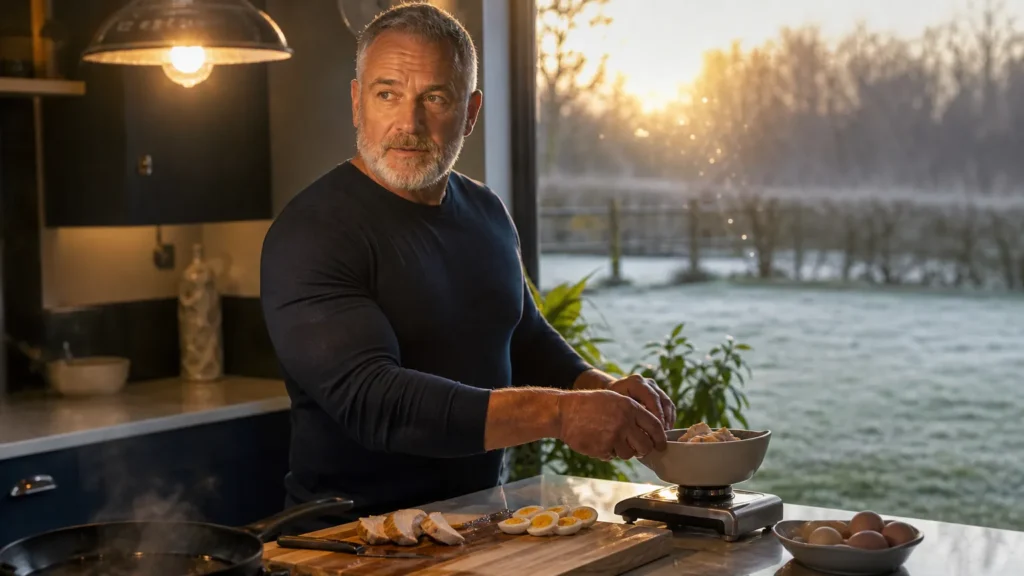 A man in his late fifties weighs portions of protein in a dim kitchen before dawn. (AI-generated image)