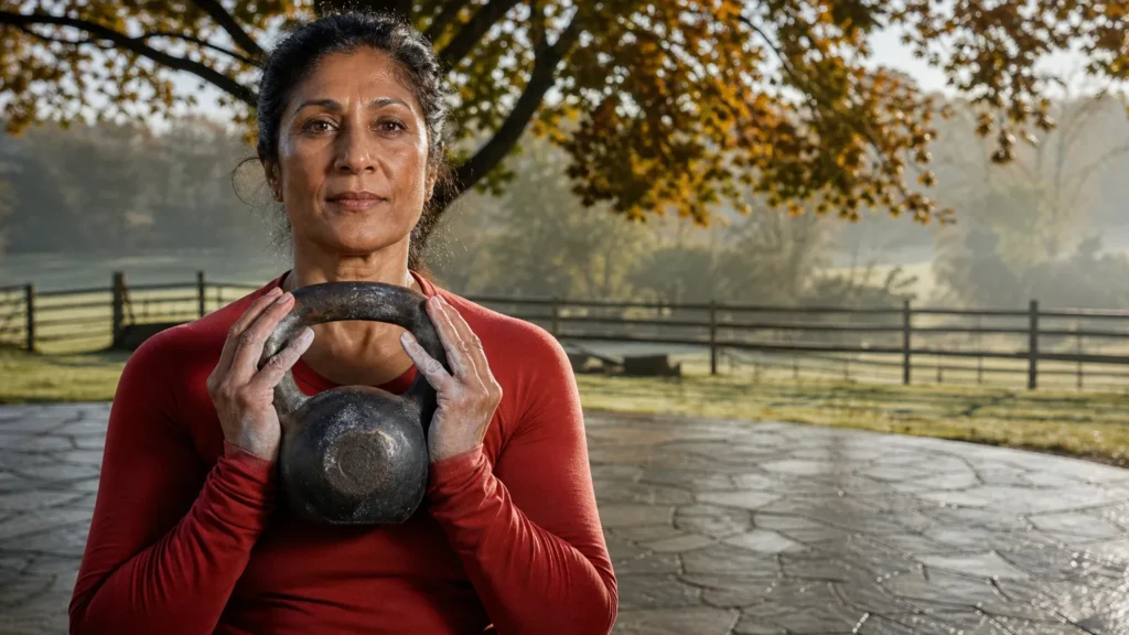 A woman in her fifties holding a kettlebell on a backyard patio on an autumn morning. (AI-generated image)