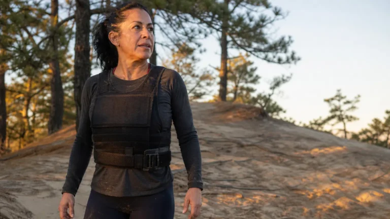 A woman in her late fifties catches her breath at the top of a pine trail wearing a weighted vest. (AI-generated image)