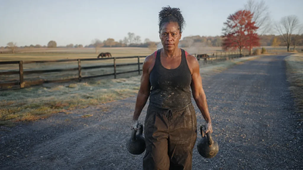 A woman in her early fifties carries heavy weights along a gravel farm lane at sunrise, the training that makes weight loss . (AI-generated image)