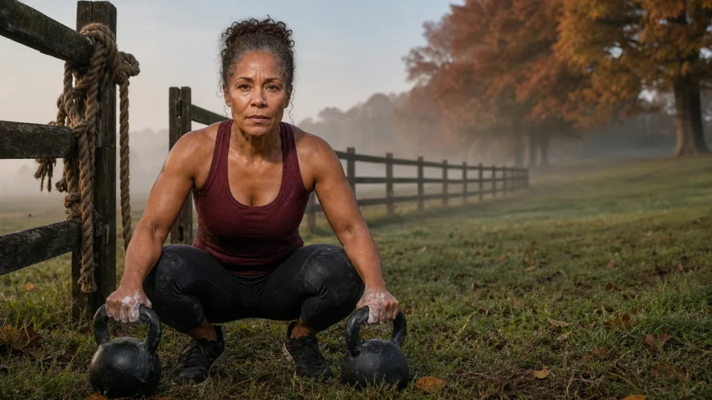 A woman in her fifties sets down two kettlebells beside a farm fence on an autumn morning. (AI-generated image)